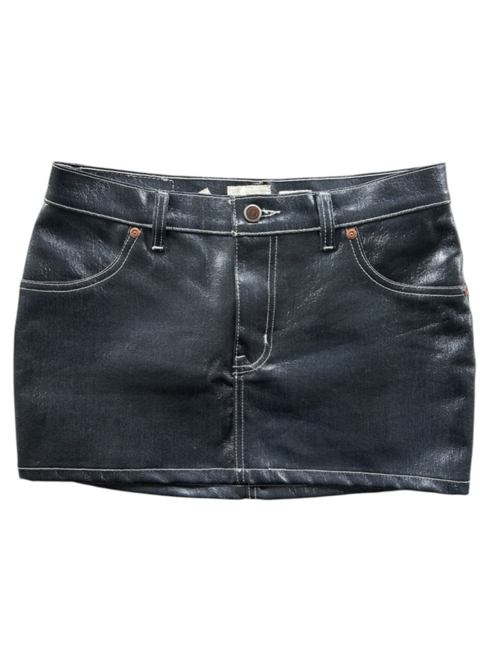 Todd Oldham Vintage 90s/Y2K Coated Glossy Denim Low Rise Mini Skirt Size Small